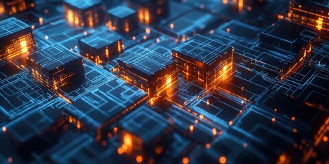 Futuristic blockchain concept with interconnected data blocks, showcasing the flow of big data and binary code to represent advanced information technology and cryptocurrency systems
