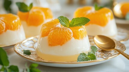 Close-up of white pudding jelly filled with fresh tangerine slices on a glass plate, with a garnish of mint leaves and a golden spoon on the side