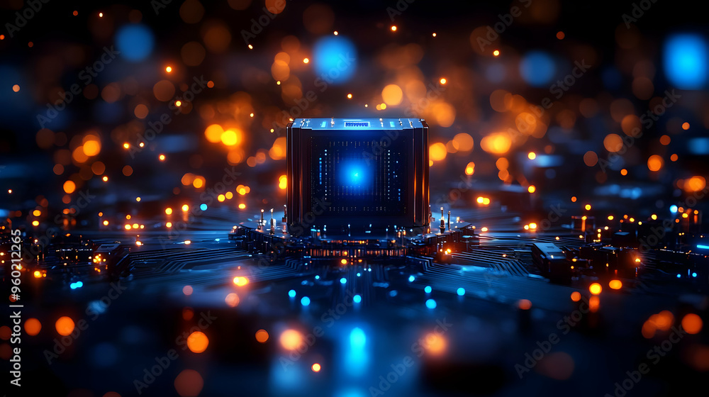 Poster a futuristic microchip surrounded by glowing particles.