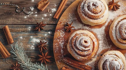Advertising banner for the presentation of your own baked goods. Top view, appetizing cinnabons with powdered sugar decorated with anise stars on a wooden table. Christmas baking concept