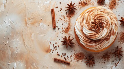 Advertising banner for the presentation of your own baked goods. Top view, appetizing cinnabon with buttercream decorated with star anise on a powdery textured background. Copy space.