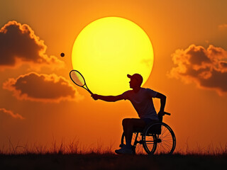Wheelchair tennis player isolated against sunset background with orange sky and big solar disk. Beauty and passion for sport concept.
