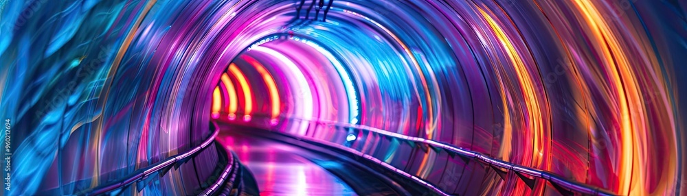 Poster a vibrant tunnel illuminated with colorful lights, creating a mesmerizing and futuristic atmosphere 