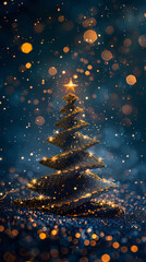 Luxury christmas and happy new year concept background,paper cut style, glittering gold christmas tree with stars on dark blue bokeh background