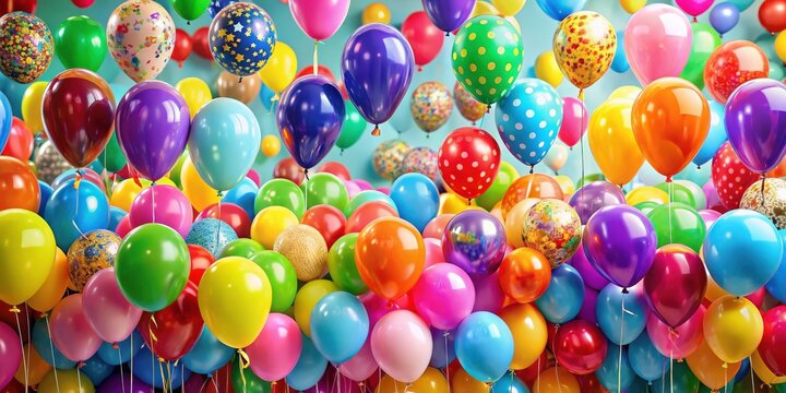 Colorful balloons of various sizes and shapes floating at a birthday party celebration