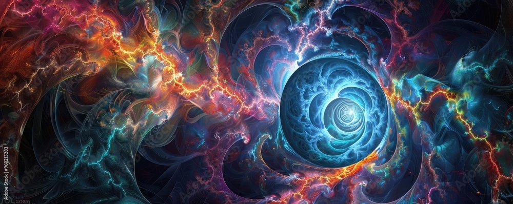 Poster a vibrant cosmic swirl showcasing intricate patterns of color and light, perfect for backgrounds or 