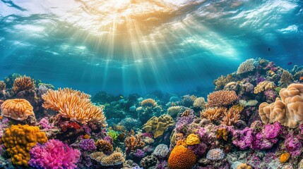Naklejka premium Coral reef landscape in Thailand, showcasing a rich diversity of colors and textures, from soft corals to brain corals, with sunlight dappling through the water