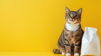 Obraz premium cat sitting next to big clean white pet food package