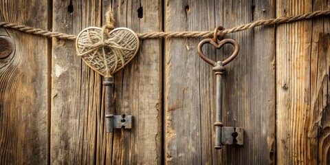 Skeleton key and rope hearts hanging on old rustic wooden door