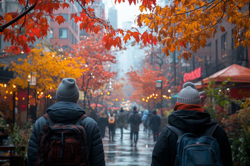 Fototapeta premium An urban street scene with people walking in warm coats and scarves, surrounded by a canopy of colorful autumn leaves.