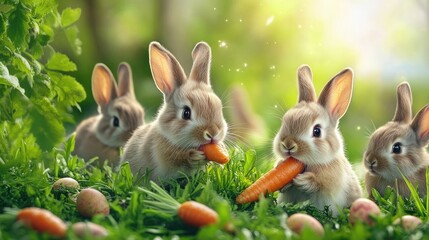 Cute baby bunnies with fluffy fur eating carrots and grass on a lush green garden background. Rabbits playfully hopping and sniffing the air. Easter symbols.