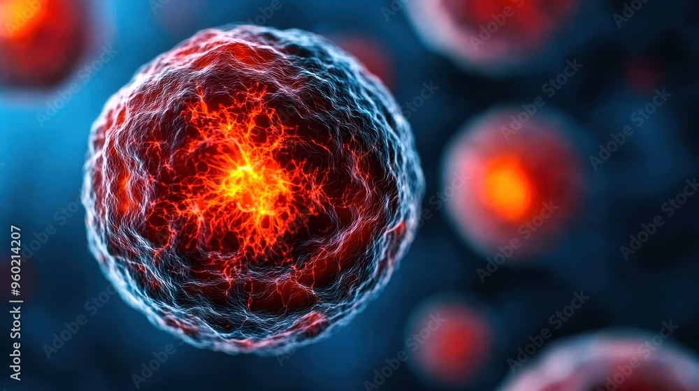 Poster close-up view of a vibrant cell structure showcasing intricate details and dynamic colors in a biolo