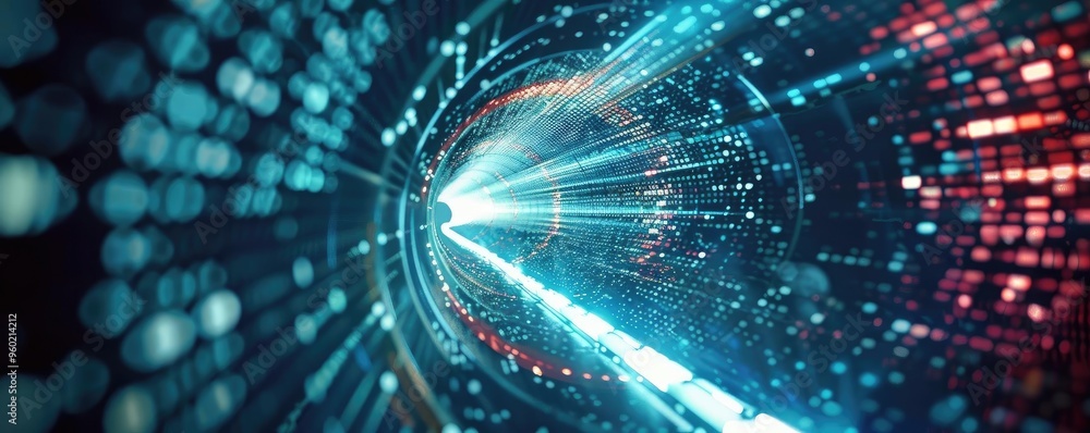 Poster abstract digital tunnel with vibrant light streaks creating a sense of speed and futuristic technolo
