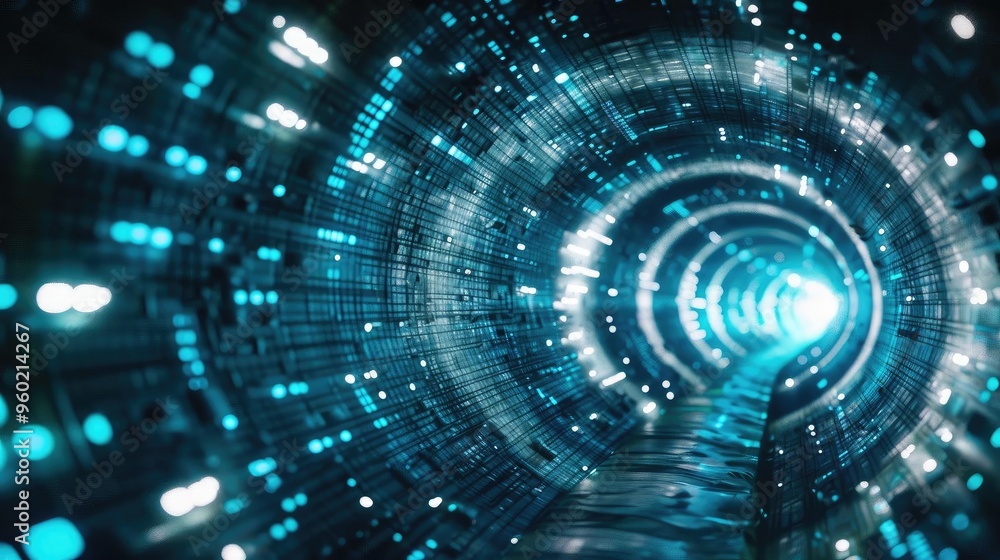 Poster a futuristic tunnel filled with light and digital elements, representing technology and innovation i