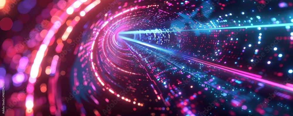 Poster vibrant and dynamic tunnel of light beams and particles, creating an immersive and futuristic digita