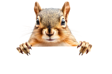 Cute squirrel holding blank white banner in its paws isolated on transparent background
