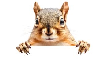 Wanddecoratie Eekhoorn Cute squirrel holding blank white banner in its paws isolated on transparent background  © Oksana