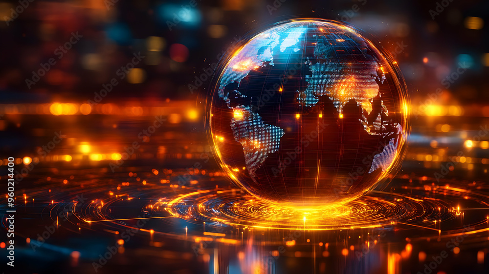 Poster a glowing digital globe surrounded by vibrant data patterns.
