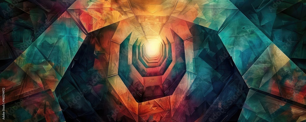 Poster a vibrant abstract tunnel design blending colors and shapes, evoking mystery and depth in a mesmeriz