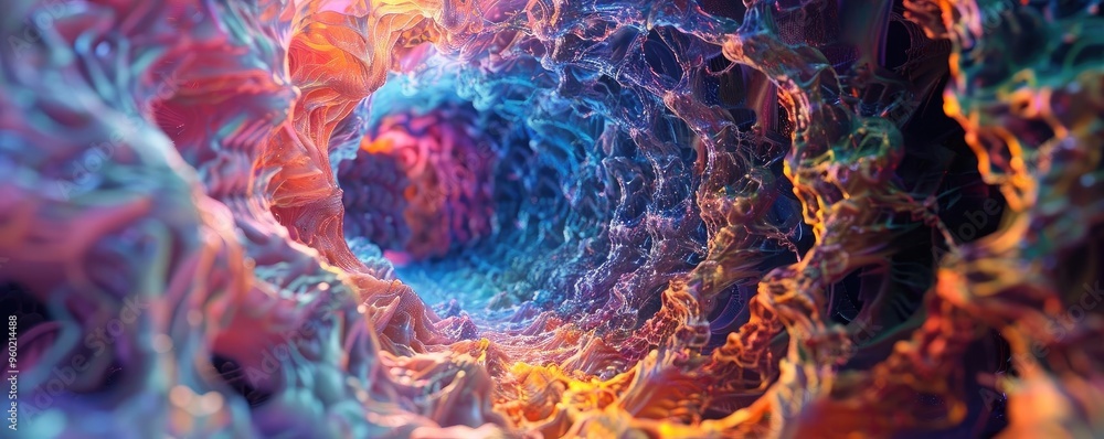 Poster a vibrant and mesmerizing abstract tunnel, showcasing intricate patterns and a blend of colors that 