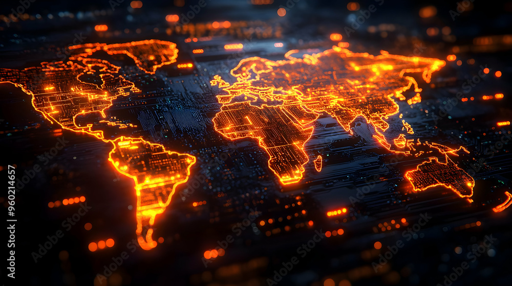 Poster a glowing digital map of the world with a tech-inspired design.