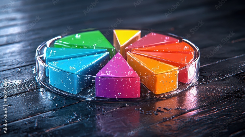 Poster colorful pie chart slices on a wet wooden surface, representing creativity and modern design in a vi