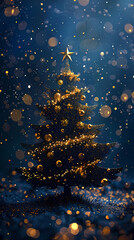 Luxury christmas and happy new year concept background,paper cut style, glittering gold christmas tree with stars on dark blue bokeh background