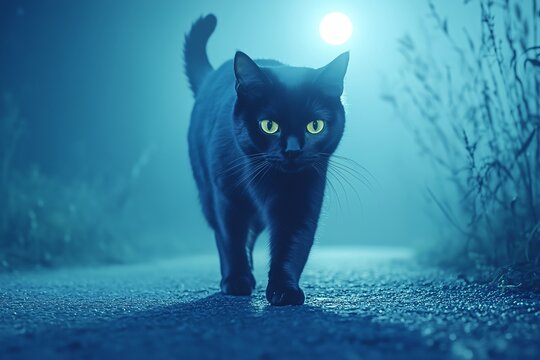 Black Cat Walking Under Moonlight
