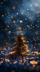 Obraz premium Luxury christmas and happy new year concept background,paper cut style, glittering gold christmas tree with stars on dark blue bokeh background