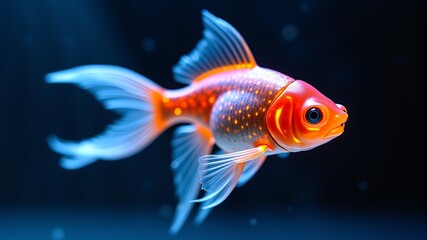 Fototapeta premium a goldfish with orange and white spots is swimming in a dark blue water.