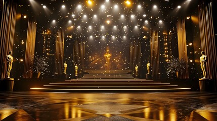 Elegant Award Show Stage with Dazzling Golden Statues and Shimmering Lights