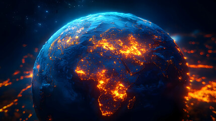 A glowing Earth view showcasing illuminated continents and oceans.