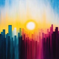 Abstract cityscape with vibrant sunrise colors
