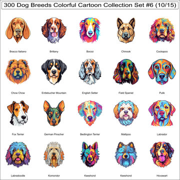 Colorful Cute Dog Breeds Cartoon Characters Bundle Collection Set 6 of 300 Dog Faces Isolated Part 10