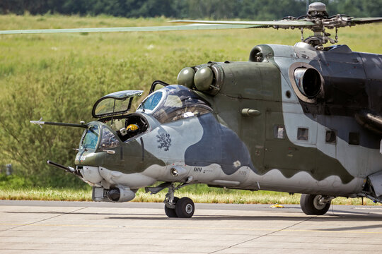 MIL Mi-35 Hind helicopter on the tarmac of Berlin-Schonefeld Airport.