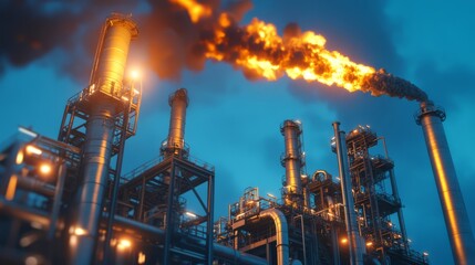 Detailed view gas flare stack refinery highlighting process burning excess gases reduce emissions, celebration of gas industry day.