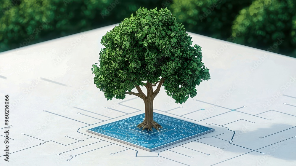 Poster a digital tree emerging from a circuit board, symbolizing the fusion of nature and technology, repre