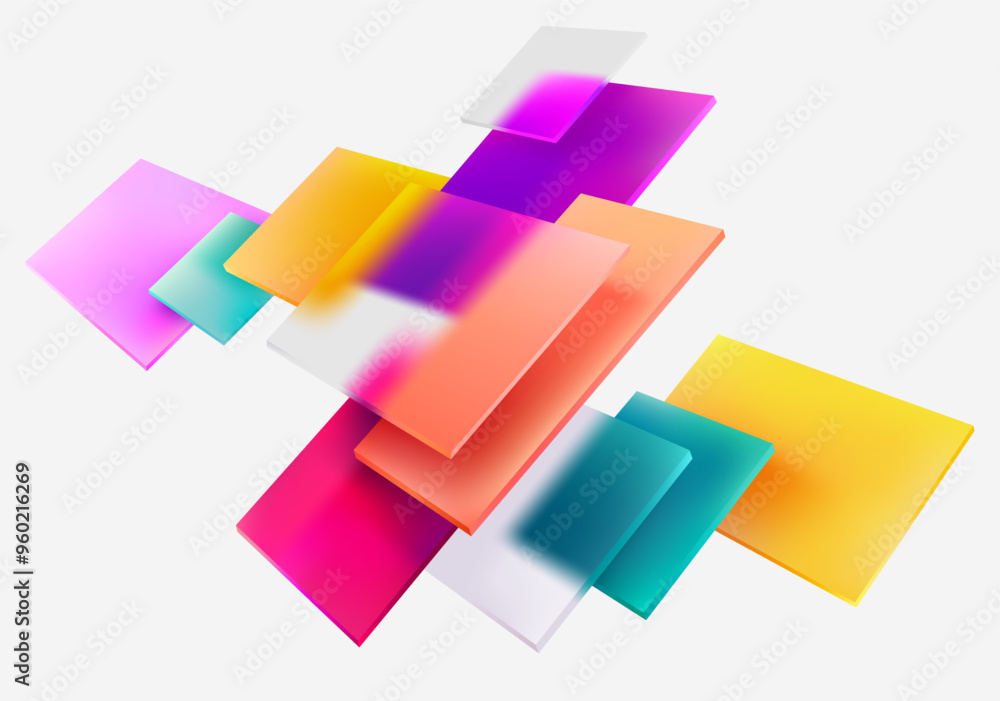 Poster 3d colorful squares and rectangles in glass morphism style. transparent frame for text with geometri