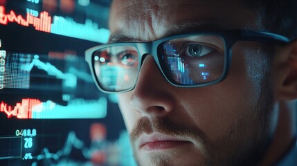 Digital financial advisor analyzing loss graphs, digital financial, futuristic market instability
