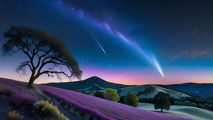 Comet over lavender fields at twilight