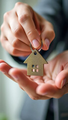 Keychain of a small house in hands.