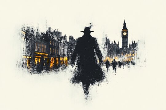 Fototapeta Silhouette of a Man Walking Through a Cityscape
