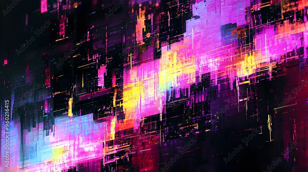 Poster vibrant neon glitch effect with distorted lines and chaotic tech-inspired abstract