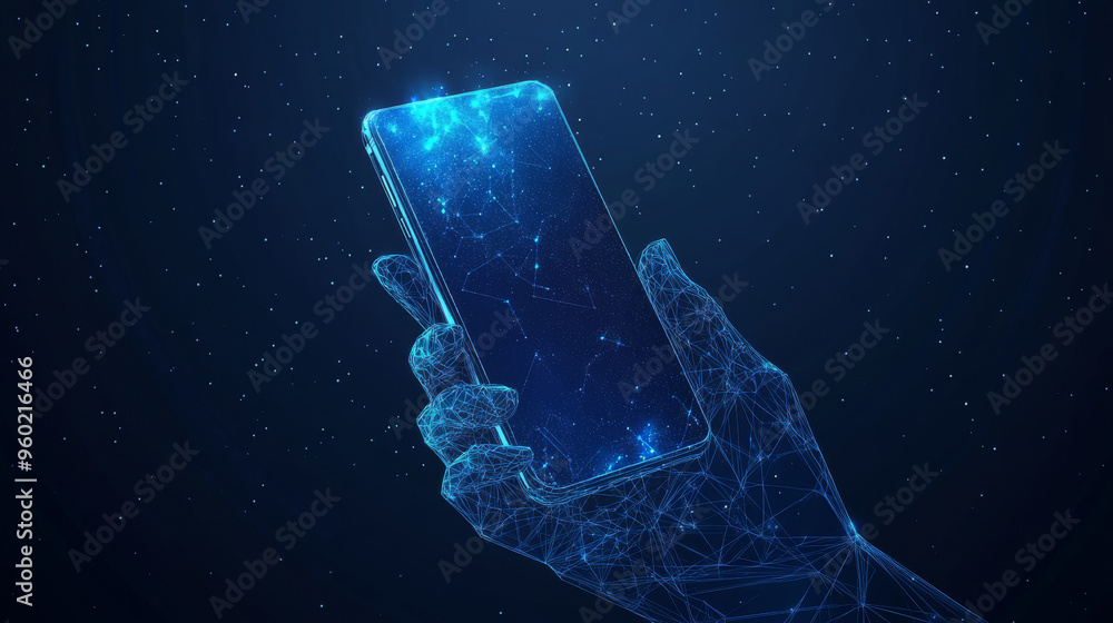 Poster vector illustration of a phone held in a hand, rendered in an abstract low-poly wireframe style. the