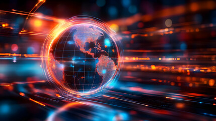 A glowing globe surrounded by vibrant lines of light.