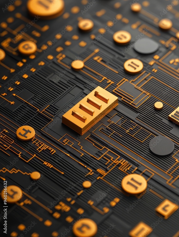 Poster close-up view of a modern circuit board with intricate details and vibrant orange components against