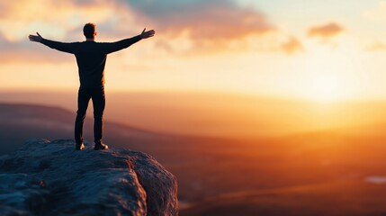 Fototapeta premium Man with open arms on mountain cliff at sunrise 