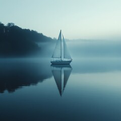 Fototapeta premium Serene Sailboat Reflected on a Misty Morning Lake