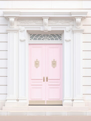 Fototapeta premium Classic closed pastel pink double doors blank empty mock up space white columns wall building home traditional entrance London townhouse Parisian architecture sweet lux pretty chic simple minimal 