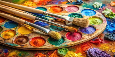 Fototapeta premium Oil paints and paint brushes arranged on a colorful palette